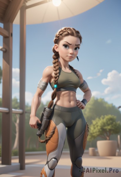 1girl,solo,long hair,breasts,looking at viewer,brown hair,navel,holding,bare shoulders,brown eyes,jewelry,medium breasts,very long hair,standing,weapon,braid,earrings,small breasts,outdoors,sky,day,midriff,pants,cloud,holding weapon,blurry,tree,blue sky,lips,hand on hip,gun,single braid,muscular,abs,plant,holding gun,hair over shoulder,forehead,handgun,toned,braided ponytail,sports bra,nose,muscular female,potted plant,long braid,obliques,yoga pants,artist name,crop top,sun,flower pot