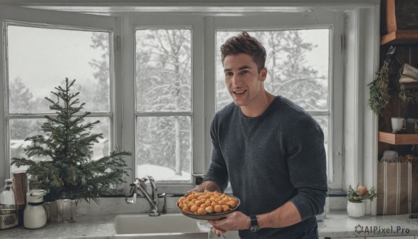 solo,looking at viewer,smile,short hair,open mouth,brown hair,shirt,1boy,holding,brown eyes,standing,upper body,male focus,food,teeth,pants,indoors,tree,cup,black shirt,window,facial hair,plant,plate,watch,realistic,wristwatch,potted plant,kitchen,sink,long sleeves,day,artist name,sweater,fruit,bottle,holding food,beard,sleeves rolled up,winter,cookie,orange (fruit),faucet