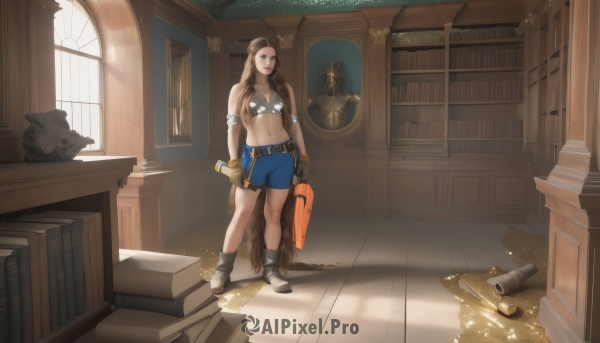 1girl,solo,long hair,breasts,looking at viewer,smile,brown hair,gloves,navel,holding,bare shoulders,brown eyes,very long hair,standing,full body,boots,shorts,midriff,belt,indoors,book,window,sunlight,cat,box,armband,forehead,blue shorts,sports bra,bookshelf,hammer,wrench,treasure chest,medium breasts,weapon,fingerless gloves,lips,bike shorts,scroll,library,map