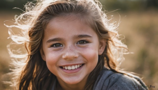 1girl,solo,long hair,looking at viewer,smile,open mouth,brown hair,brown eyes,teeth,grin,blurry,lips,depth of field,blurry background,messy hair,portrait,freckles,realistic,nose,:d,meme