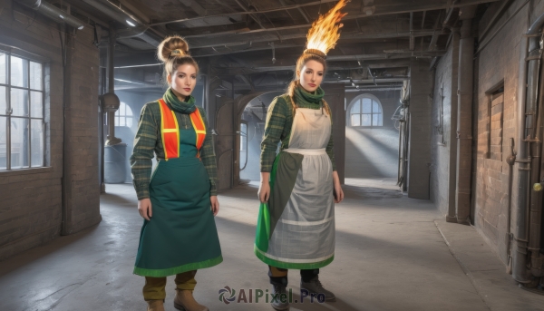 looking at viewer,smile,multiple girls,brown hair,shirt,long sleeves,dress,2girls,brown eyes,standing,ponytail,boots,day,indoors,hair bun,scarf,apron,plaid,window,siblings,brown footwear,single hair bun,fire,green shirt,door,plaid shirt,green scarf,green apron,long hair,blonde hair,hair ornament,lips,green dress,realistic