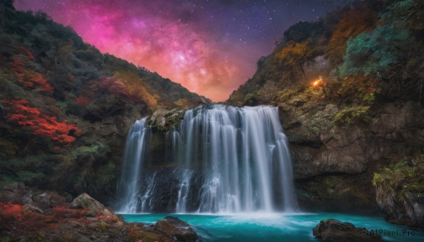 outdoors, sky, water, tree, no humans, night, star (sky), nature, night sky, scenery, forest, starry sky, rock, waterfall