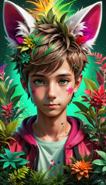 solo,looking at viewer,smile,short hair,bangs,brown hair,shirt,hair ornament,1boy,animal ears,closed mouth,green eyes,collarbone,jacket,white shirt,upper body,flower,male focus,open clothes,artist name,cat ears,hair flower,hood,open jacket,lips,animal ear fluff,fox ears,eyelashes,hoodie,leaf,watermark,facial mark,hood down,plant,portrait,hooded jacket,extra ears,red jacket,freckles,green background,yellow flower,nose,paint splatter,multicolored hair,star (symbol),web address,male child