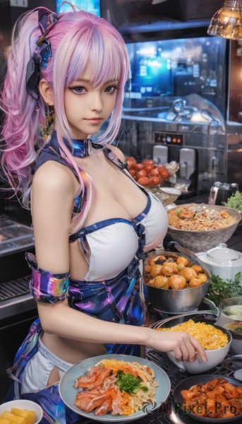 1girl,solo,long hair,breasts,looking at viewer,bangs,blue eyes,large breasts,hair ornament,holding,cleavage,bare shoulders,jewelry,closed mouth,purple eyes,collarbone,ponytail,pink hair,purple hair,sidelocks,multicolored hair,earrings,food,choker,midriff,indoors,nail polish,lips,streaked hair,crop top,grey eyes,high ponytail,armlet,plate,blue nails,bowl,chopsticks,arm strap,kitchen,vegetable,stove,pasta,ribbon,hair ribbon,sleeveless,side ponytail,sideboob,fruit,armband,realistic,spoon,spaghetti,chicken (food)