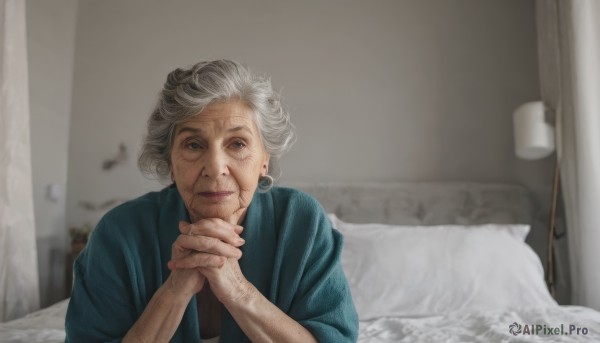 1girl,solo,looking at viewer,smile,short hair,blue eyes,jewelry,closed mouth,upper body,white hair,grey hair,earrings,indoors,blurry,lips,pillow,bed,blurry background,on bed,own hands together,hoop earrings,realistic,lamp,own hands clasped,old,old man,old woman,wrinkled skin,hair bun,blood,green shirt