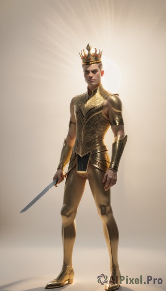 solo,looking at viewer,simple background,1boy,holding,jewelry,standing,full body,weapon,male focus,earrings,boots,sword,holding weapon,armor,lips,holding sword,crown,breastplate,realistic,vambraces,bracer,gold armor,short hair,blue eyes,blonde hair,black hair,closed mouth,pants,black eyes,facial hair,eyepatch,knife,shoulder armor,holding knife,very short hair