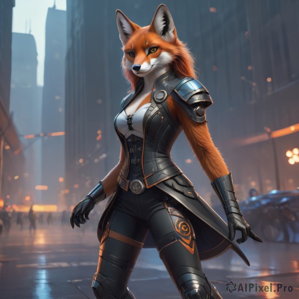 1girl,solo,long hair,breasts,looking at viewer,gloves,animal ears,cleavage,medium breasts,closed mouth,standing,jacket,tail,yellow eyes,outdoors,open clothes,solo focus,belt,pants,artist name,armor,blurry,orange eyes,fox ears,night,blurry background,fox tail,black pants,fox girl,shoulder armor,gauntlets,building,claws,furry,colored sclera,pauldrons,city,furry female,knee pads,fox,snout,orange fur,smile,orange hair,leather