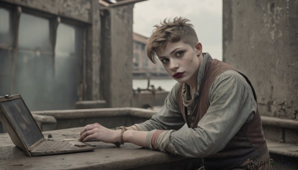 1girl,solo,looking at viewer,short hair,blonde hair,brown hair,shirt,long sleeves,1boy,brown eyes,jewelry,closed mouth,white shirt,upper body,male focus,earrings,outdoors,day,belt,indoors,necklace,blurry,vest,bracelet,lips,book,makeup,blurry background,table,sleeves rolled up,freckles,watch,paper,wristwatch,brown vest,sitting,piercing,ring,ear piercing,realistic,computer,undercut,dirty,laptop,dirty face