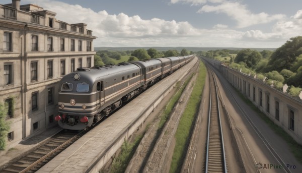 outdoors,sky,day,cloud,tree,blue sky,no humans,cloudy sky,grass,ground vehicle,building,nature,scenery,motor vehicle,forest,car,road,vehicle focus,train,railroad tracks,mountain,landscape,train station