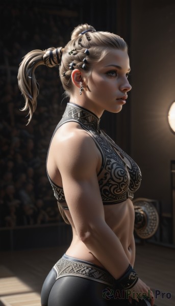 1girl,solo,long hair,breasts,blonde hair,hair ornament,navel,bare shoulders,jewelry,medium breasts,underwear,ponytail,ass,earrings,small breasts,parted lips,midriff,pants,indoors,bra,blurry,bracelet,from side,lips,profile,makeup,blurry background,sports bra,realistic,nose,hair pulled back,yoga pants,gym,braid,cowboy shot,black pants,piercing,ear piercing,toned