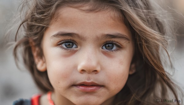 1girl,solo,long hair,looking at viewer,brown hair,brown eyes,closed mouth,parted lips,blurry,lips,grey eyes,eyelashes,depth of field,blurry background,portrait,close-up,freckles,realistic,nose,wind,dirty