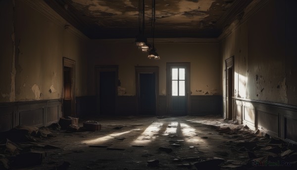 day,indoors,no humans,window,shadow,sunlight,scenery,stairs,door,light,lamp,wall,ruins,broken,hallway,cracked wall,broken window,chair,light rays,dark,ceiling,ceiling light