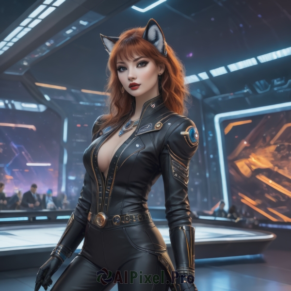 1girl,solo,long hair,breasts,looking at viewer,bangs,blue eyes,large breasts,brown hair,gloves,animal ears,cleavage,jewelry,medium breasts,standing,cowboy shot,earrings,parted lips,solo focus,black gloves,belt,pants,indoors,cat ears,necklace,orange hair,mole,blurry,lips,mole under eye,no bra,bodysuit,makeup,night,blurry background,fake animal ears,black pants,lipstick,zipper,black bodysuit,unzipped,red lips,leather,partially unzipped,holding,tail,red hair,open clothes,curly hair,realistic,open bodysuit