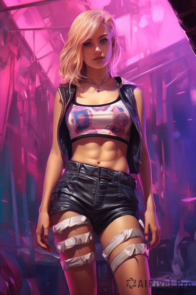 1girl,solo,breasts,looking at viewer,short hair,blue eyes,blonde hair,navel,jewelry,medium breasts,standing,cowboy shot,open clothes,shorts,midriff,dark skin,medium hair,necklace,vest,dark-skinned female,lips,crop top,torn clothes,short shorts,blood,makeup,thigh strap,black shorts,piercing,abs,tank top,denim,pendant,toned,realistic,nose,navel piercing,open vest,denim shorts