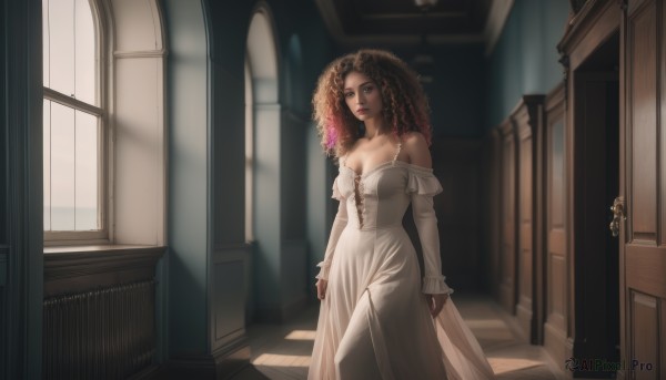 1girl,solo,long hair,breasts,looking at viewer,brown hair,long sleeves,dress,cleavage,bare shoulders,brown eyes,medium breasts,standing,collarbone,pink hair,multicolored hair,indoors,dark skin,off shoulder,white dress,lips,window,gradient hair,makeup,sunlight,curly hair,stairs,realistic,door,off-shoulder dress,long dress,arms at sides,big hair,church,hat,jewelry,flower,red hair,parted lips,detached sleeves,dreadlocks