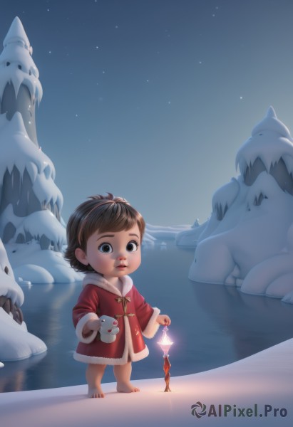 1girl,solo,looking at viewer,short hair,bangs,brown hair,black hair,long sleeves,holding,brown eyes,standing,outdoors,parted lips,sky,barefoot,water,black eyes,cup,lips,coat,fur trim,night,child,star (sky),night sky,holding cup,snow,starry sky,reflection,lantern,snowing,mug,winter clothes,mittens,winter,red coat,winter coat,snowman,holding lantern,aurora,blue eyes,dress,hairband