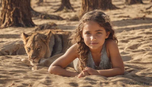 1girl,solo,long hair,looking at viewer,blue eyes,brown hair,hair ornament,dress,bare shoulders,jewelry,closed mouth,flower,outdoors,lying,sleeveless,pointy ears,hair flower,necklace,blurry,lips,depth of field,blurry background,animal,on stomach,elf,realistic,smile,brown eyes,braid,tree,sunlight,nature,tiger