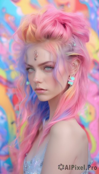 1girl,solo,long hair,breasts,looking at viewer,hair ornament,dress,bare shoulders,jewelry,closed mouth,green eyes,upper body,pink hair,multicolored hair,earrings,blurry,from side,lips,grey eyes,eyelashes,makeup,blurry background,wavy hair,gem,freckles,circlet,realistic,nose,forehead jewel,blue eyes,artist name,necklace,two-tone hair,gradient hair,depth of field,pink lips