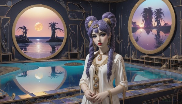 1girl,solo,long hair,looking at viewer,bangs,blue eyes,hair ornament,dress,twintails,jewelry,purple eyes,upper body,purple hair,earrings,parted lips,sky,water,necklace,hair bun,nail polish,white dress,bracelet,tree,lips,double bun,makeup,night,ocean,drill hair,moon,lipstick,crescent,star (sky),full moon,starry sky,reflection,circlet,palm tree,red lips,watercraft,planet,boat,breasts,standing,artist name,signature,alternate hairstyle,ring,gem,twin drills,pendant,sunset,mirror,realistic,sun,silhouette,glass