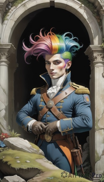 solo,looking at viewer,blue eyes,gloves,1boy,jewelry,blue hair,standing,weapon,pink hair,flower,male focus,multicolored hair,earrings,green hair,belt,pants,sword,artist name,uniform,two-tone hair,gun,military,ascot,military uniform,makeup,watermark,piercing,grass,sheath,web address,androgynous,brown gloves,epaulettes,sheathed,mushroom,pillar,adjusting gloves,column,rainbow hair,antique firearm,1girl,long hair,blonde hair,purple hair,leaf,knife,lipstick,handgun,eyeshadow,freckles,rock,ruins,medal