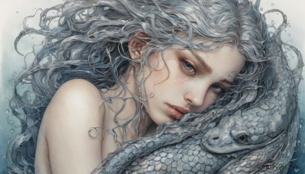 1girl,solo,long hair,looking at viewer,blue eyes,closed mouth,upper body,white hair,grey hair,nude,water,lips,grey eyes,animal,wavy hair,portrait,freckles,fish,bubble,underwater,snake,realistic,nose,air bubble,simple background,bare shoulders,eyelashes,scales