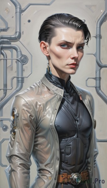 1girl,solo,breasts,looking at viewer,short hair,blue eyes,black hair,jewelry,closed mouth,jacket,upper body,parted lips,open clothes,belt,open jacket,lips,see-through,bodysuit,makeup,lipstick,buckle,science fiction,realistic,grey jacket,nose,red lips,cable,very short hair,cyborg,cyberpunk,shirt,1boy,male focus,wet,hair slicked back