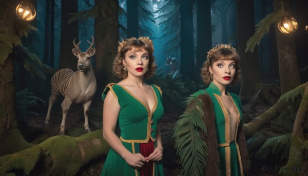 breasts,looking at viewer,short hair,multiple girls,large breasts,brown hair,dress,2girls,cleavage,brown eyes,jewelry,medium breasts,earrings,outdoors,tree,lips,makeup,night,animal,crown,lipstick,nature,forest,lantern,red lips,deer,1girl,braid,parted lips,fruit,leaf,green dress,realistic