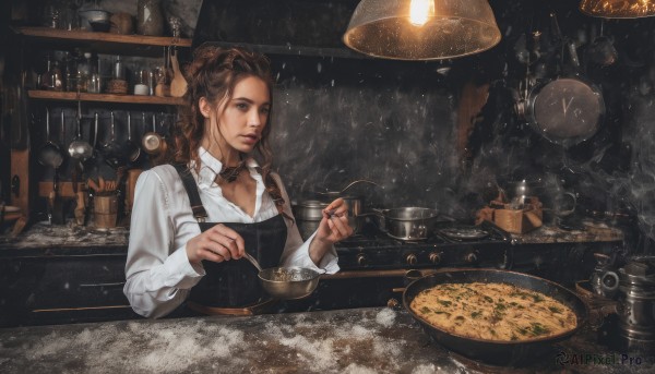 1girl,solo,long hair,breasts,brown hair,shirt,long sleeves,holding,cleavage,brown eyes,jewelry,white shirt,upper body,braid,food,collared shirt,indoors,signature,necklace,apron,cup,lips,table,bottle,steam,plate,smoke,bowl,realistic,spoon,cooking,holding spoon,ladle,kitchen,jar,black apron,counter,stove,sitting,alcohol,clock,bar (place)