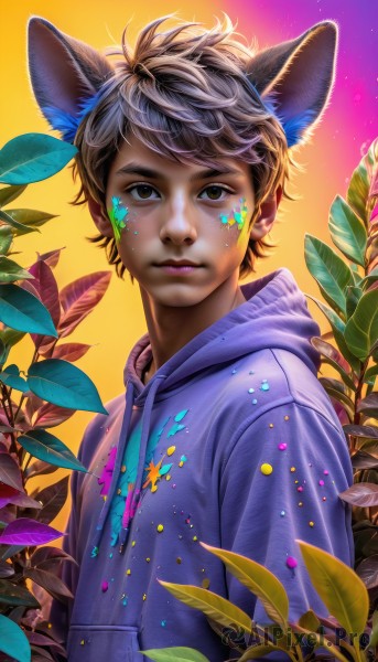 solo,looking at viewer,short hair,bangs,brown hair,1boy,animal ears,brown eyes,closed mouth,upper body,male focus,artist name,cat ears,dark skin,hood,star (symbol),lips,gradient,hoodie,leaf,watermark,facial mark,dark-skinned male,hood down,plant,yellow background,orange background,drawstring,facepaint,paint splatter,paint,paint splatter on face,black hair,extra ears,dirty,dirty face,dirty clothes,purple hoodie,splatter