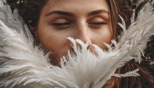 solo,long hair,brown hair,1boy,brown eyes,closed eyes,male focus,blurry,eyelashes,blurry background,facial hair,half-closed eyes,thick eyebrows,feathers,portrait,facing viewer,close-up,realistic,covered mouth,white feathers,1girl