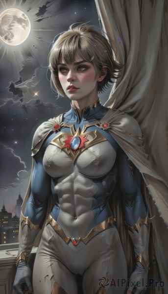 1girl,solo,breasts,blush,short hair,blonde hair,brown hair,hair ornament,gloves,brown eyes,medium breasts,standing,cowboy shot,parted lips,sky,hairclip,artist name,cloud,cape,armor,lips,looking to the side,window,bodysuit,covered navel,muscular,night,abs,moon,gem,star (sky),night sky,skin tight,full moon,clenched hands,realistic,aircraft,muscular female,white cape,superhero,spacecraft,black hair,white gloves,fingerless gloves,covered nipples,curtains,freckles,very short hair,white bodysuit,lightning,covered abs