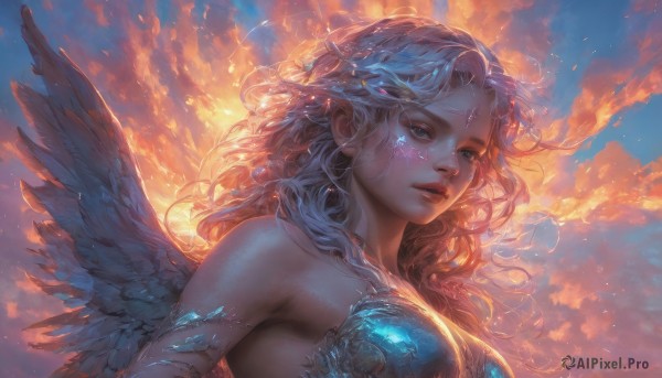 1girl,solo,long hair,breasts,looking at viewer,blue eyes,bare shoulders,medium breasts,upper body,outdoors,parted lips,wings,sky,artist name,cloud,lips,wavy hair,facial mark,cloudy sky,gem,feathered wings,sunset,angel wings,realistic,nose,angel,forehead jewel,grey eyes,looking down,from below,feathers,backlighting,black wings,circlet