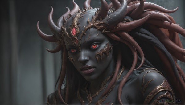 HQ,1girl,solo,long hair,looking at viewer,black hair,red eyes,parted lips,horns,teeth,blurry,lips,makeup,blurry background,colored skin,demon girl,demon horns,portrait,tentacles,colored sclera,grey skin,black skin,black lips,close-up,realistic,extra eyes,alien,red sclera