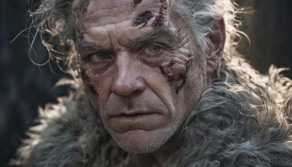 solo,looking at viewer,1boy,closed mouth,green eyes,white hair,grey hair,male focus,artist name,blurry,grey eyes,fur trim,blurry background,facial hair,scar,portrait,beard,close-up,realistic,old,old man,wrinkled skin,scar on face,serious,scar across eye,manly