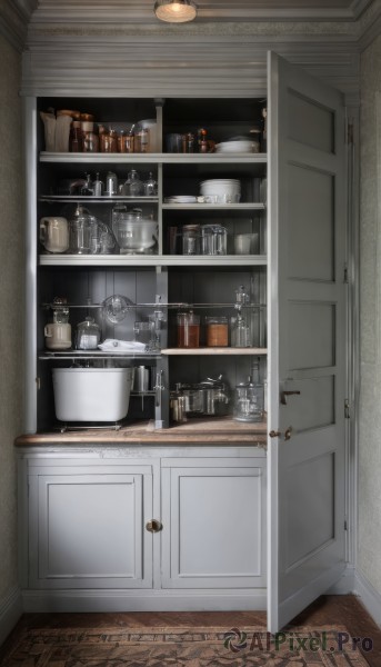 indoors,cup,no humans,bottle,scenery,wooden floor,door,shelf,kitchen,jar,sink,refrigerator,faucet,cabinet,stove,box,plate,still life,ceiling light