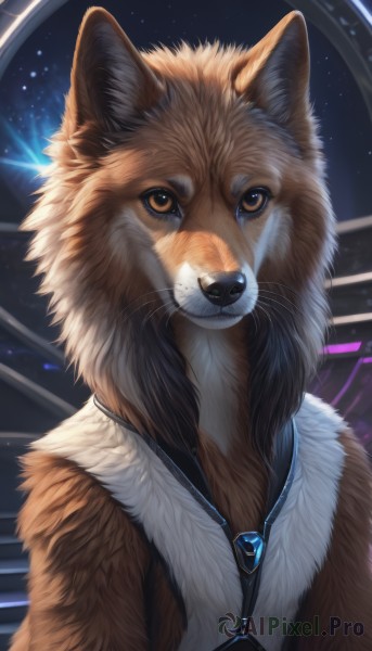 solo,looking at viewer,brown eyes,jewelry,upper body,signature,necklace,no humans,animal,dog,realistic,animal focus,whiskers,brown fur,fluffy,closed mouth,artist name,watermark,gem,portrait,star (sky),pendant,fur collar,space