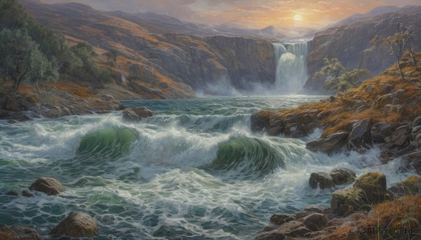 The majestic beauty of a waterfall set within a ethereal sunset outdoors