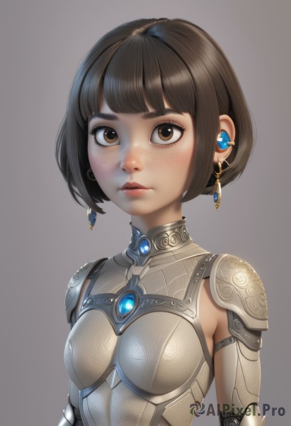 1girl,solo,breasts,looking at viewer,short hair,bangs,simple background,brown hair,brown eyes,jewelry,closed mouth,upper body,earrings,small breasts,shiny,grey background,armor,lips,eyelashes,makeup,bob cut,thick eyebrows,shoulder armor,gem,freckles,science fiction,nose,cyborg,gorget,blunt bangs,expressionless,breastplate,earphones