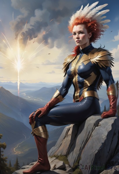 1girl,solo,long hair,breasts,gloves,brown eyes,medium breasts,sitting,full body,red hair,boots,outdoors,parted lips,sky,cloud,armor,tree,lips,bodysuit,makeup,bird,knee boots,feathers,skin tight,red gloves,rock,mountain,nose,sun,red lips,looking afar,superhero,blue bodysuit,looking at viewer,short hair,hair ornament,teeth,day,artist name,orange hair,blue sky,arm support,freckles,curly hair,realistic,hand on own knee,dirty