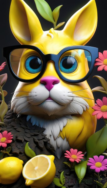 solo,looking at viewer,blue eyes,simple background,1boy,flower,food,glasses,artist name,signature,no humans,fruit,animal,leaf,sunglasses,black background,furry,pink flower,black-framed eyewear,yellow flower,round eyewear,animal focus,straight-on,whiskers,lemon,cat,plant,lemon slice