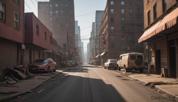 outdoors,sky,day,no humans,window,shadow,ground vehicle,building,scenery,motor vehicle,city,sign,car,road,cityscape,vehicle focus,power lines,lamppost,street,utility pole,road sign,truck,crosswalk