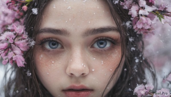 1girl, solo, looking at viewer, blue eyes, brown hair, closed mouth, flower, blurry, lips, eyelashes, cherry blossoms, portrait, close-up, water drop, realistic, nose, branch