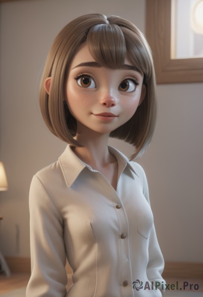 1girl,solo,breasts,looking at viewer,blush,smile,short hair,bangs,brown hair,shirt,long sleeves,brown eyes,closed mouth,collarbone,white shirt,upper body,small breasts,collared shirt,artist name,indoors,blurry,lips,dress shirt,bed,buttons,blurry background,on bed,bob cut,thick eyebrows,freckles,pocket,pajamas,nose,lamp,bedroom,realistic