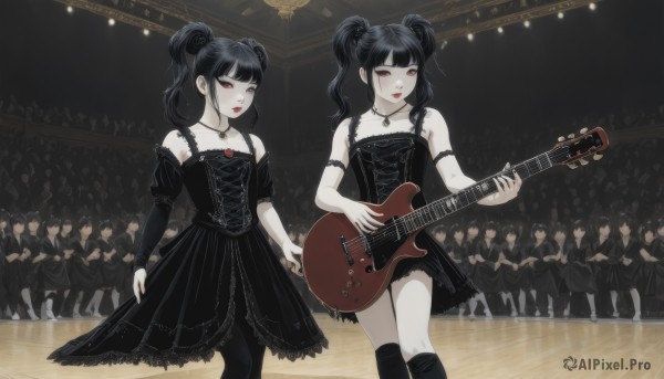 long hair,looking at viewer,smile,short hair,bangs,multiple girls,black hair,red eyes,thighhighs,long sleeves,dress,holding,2girls,bare shoulders,twintails,jewelry,closed mouth,standing,collarbone,short sleeves,pantyhose,frills,parted lips,detached sleeves,multiple boys,sleeveless,choker,socks,puffy sleeves,indoors,blunt bangs,medium hair,necklace,hair bun,black dress,kneehighs,makeup,sleeveless dress,6+girls,lipstick,instrument,pale skin,black nails,6+boys,lolita fashion,music,gothic lolita,guitar,red lips,multiple others,playing instrument,holding instrument,electric guitar,crowd,stage,gothic,concert,audience,armband,armlet,spotlight,stage lights,people