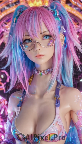 1girl,solo,long hair,breasts,looking at viewer,bangs,blue eyes,hair ornament,gloves,cleavage,bare shoulders,twintails,jewelry,medium breasts,closed mouth,underwear,blue hair,collarbone,swimsuit,upper body,pink hair,sidelocks,bikini,multicolored hair,small breasts,detached sleeves,glasses,choker,elbow gloves,shiny,artist name,signature,star (symbol),bra,blurry,two-tone hair,two side up,lips,eyelashes,gradient hair,makeup,gem,eyeshadow,pink lips,realistic,nose,round eyewear,mascara,streaked hair,blurry background,expressionless,piercing