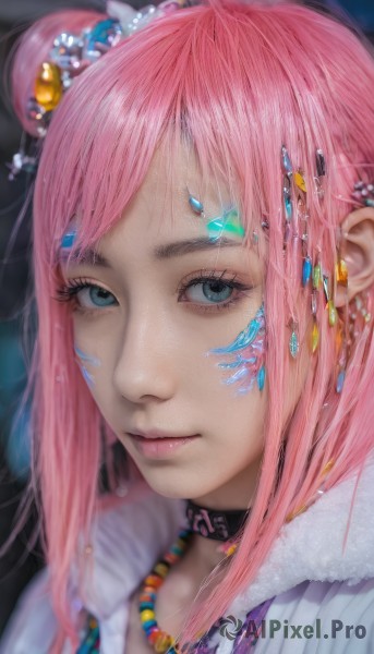 1girl,solo,long hair,looking at viewer,bangs,blue eyes,hair ornament,jewelry,closed mouth,pink hair,choker,necklace,hair bun,blurry,lips,fur trim,eyelashes,double bun,makeup,gem,portrait,close-up,eyeshadow,crystal,pink lips,realistic,nose,eyeliner,mascara,earrings,artist name,black choker,beads,hair beads,pearl (gemstone)