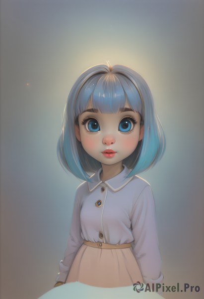 1girl,solo,looking at viewer,smile,short hair,bangs,blue eyes,skirt,shirt,long sleeves,closed mouth,blue hair,white shirt,upper body,multicolored hair,parted lips,collared shirt,blunt bangs,medium hair,lips,eyelashes,makeup,buttons,child,brown skirt,nose,female child,blush,simple background,blue shirt,lipstick,arms at sides,red lips