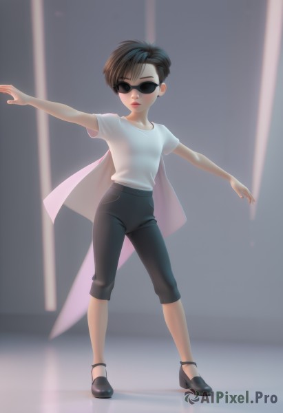 1girl,solo,breasts,looking at viewer,short hair,bangs,brown hair,shirt,black hair,jewelry,closed mouth,standing,jacket,full body,white shirt,short sleeves,earrings,small breasts,shoes,pants,artist name,nail polish,black footwear,blurry,lips,blurry background,black pants,sunglasses,outstretched arms,t-shirt,reflection,legs apart,contrapposto,spread arms,stud earrings,leggings,capri pants,high-waist pants