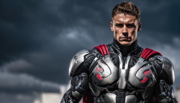 solo,brown hair,1boy,closed mouth,closed eyes,upper body,male focus,outdoors,sky,cloud,cape,armor,blurry,blurry background,cloudy sky,science fiction,realistic,red cape,manly,cyborg,superhero,looking at viewer,short hair,black hair,bodysuit,muscular,facial hair,facing viewer,power armor,no mask