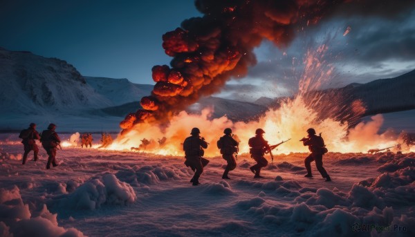 holding,weapon,male focus,outdoors,multiple boys,sky,cloud,water,holding weapon,uniform,gun,military,military uniform,ocean,fire,holding gun,scenery,rifle,smoke,walking,6+boys,running,rock,mountain,assault rifle,battle,explosion,soldier,burning,war,bag,night,backpack,helmet,firing